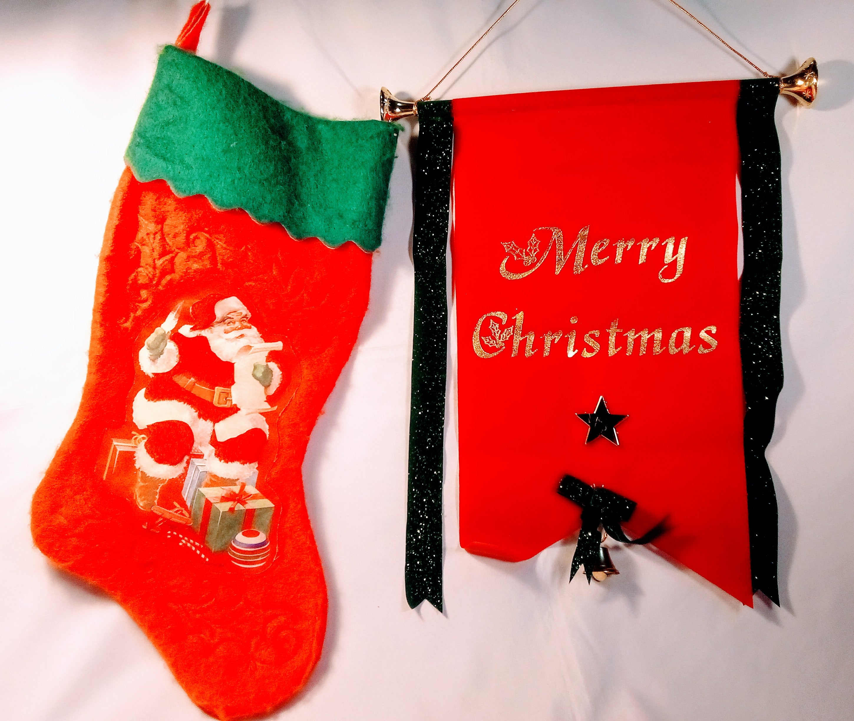 Festive Christmas Stocking and Banner Set, Santa Decor for the Holidays, Santa-Themed Decoration Bundle