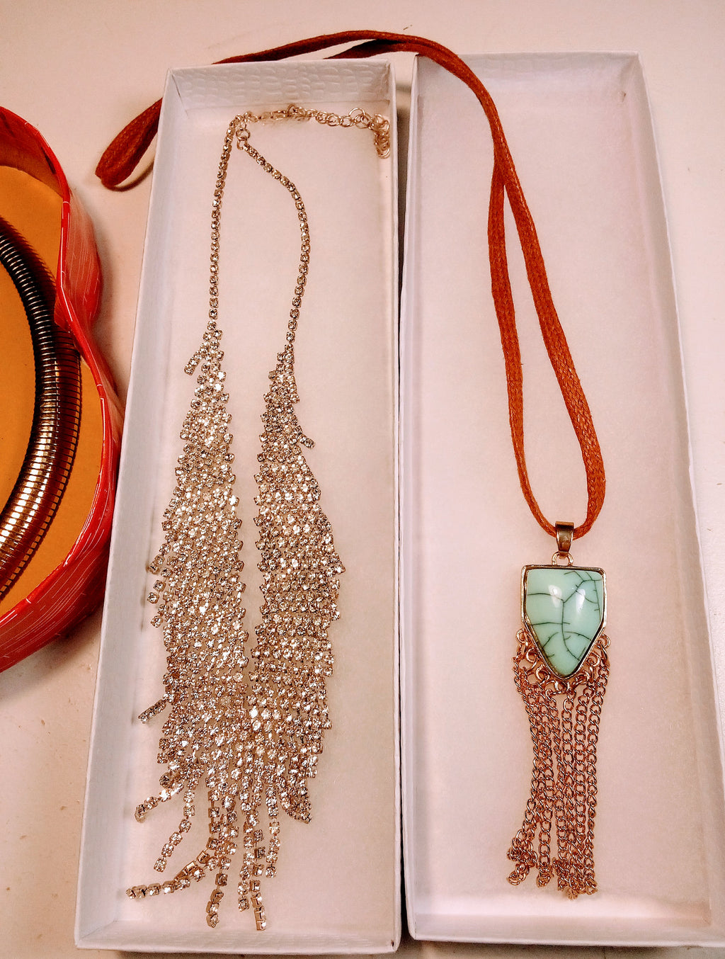 Christmas Gift Set for Her: 3 Vintage Fashion Necklaces - Diamond Necklace, Gold Snake Style, AND Leather with Gemstone