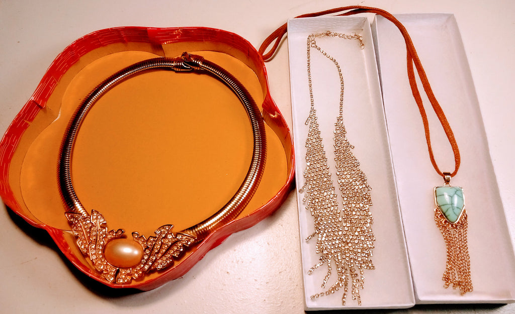Christmas Gift Set for Her: 3 Vintage Fashion Necklaces - Diamond Necklace, Gold Snake Style, AND Leather with Gemstone