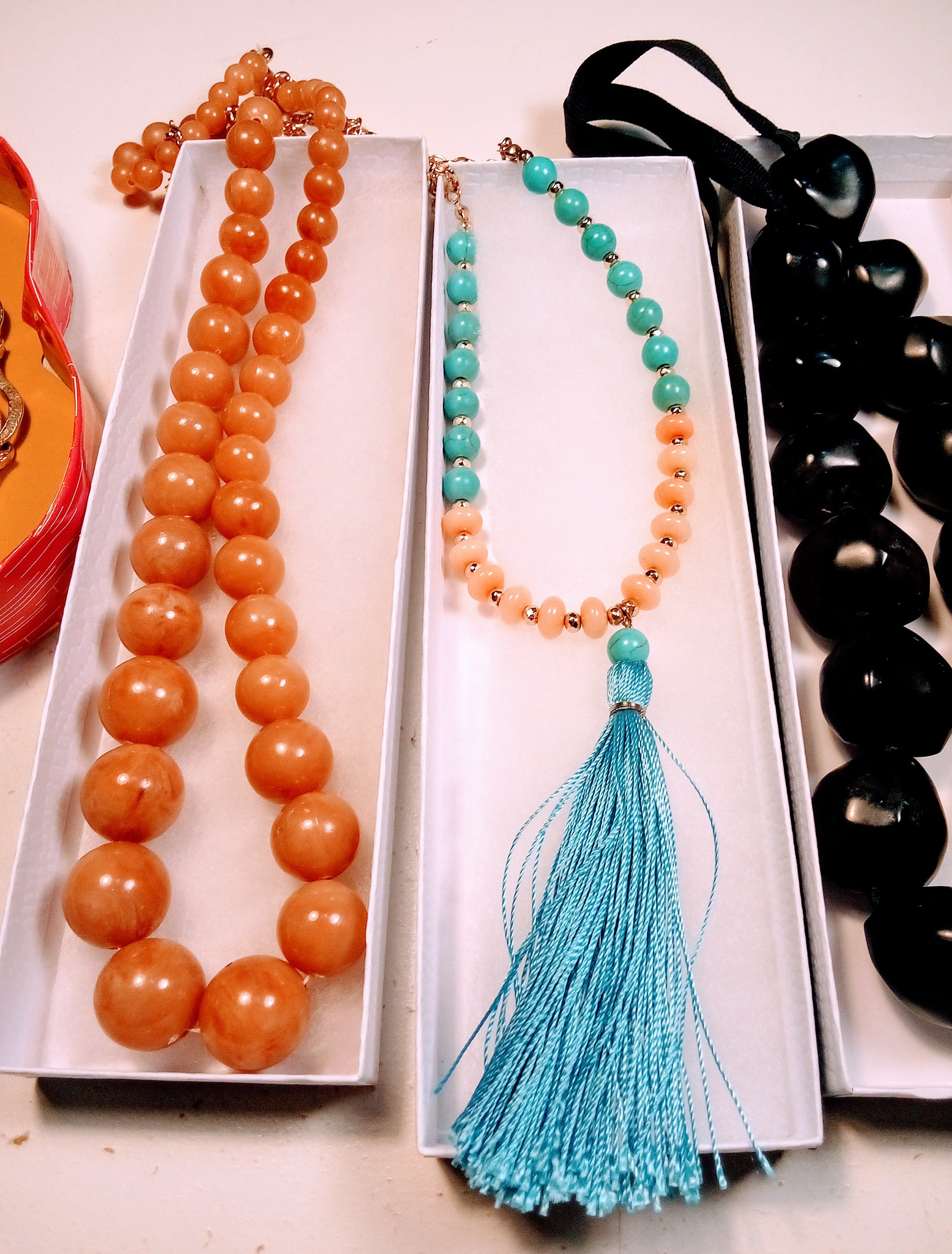 Christmas Gift Set for Her: 3 Vintage Necklaces - Butterscotch Amber Choker, Elegant Black Choker, AND Blue Pink Beaded with Tassel