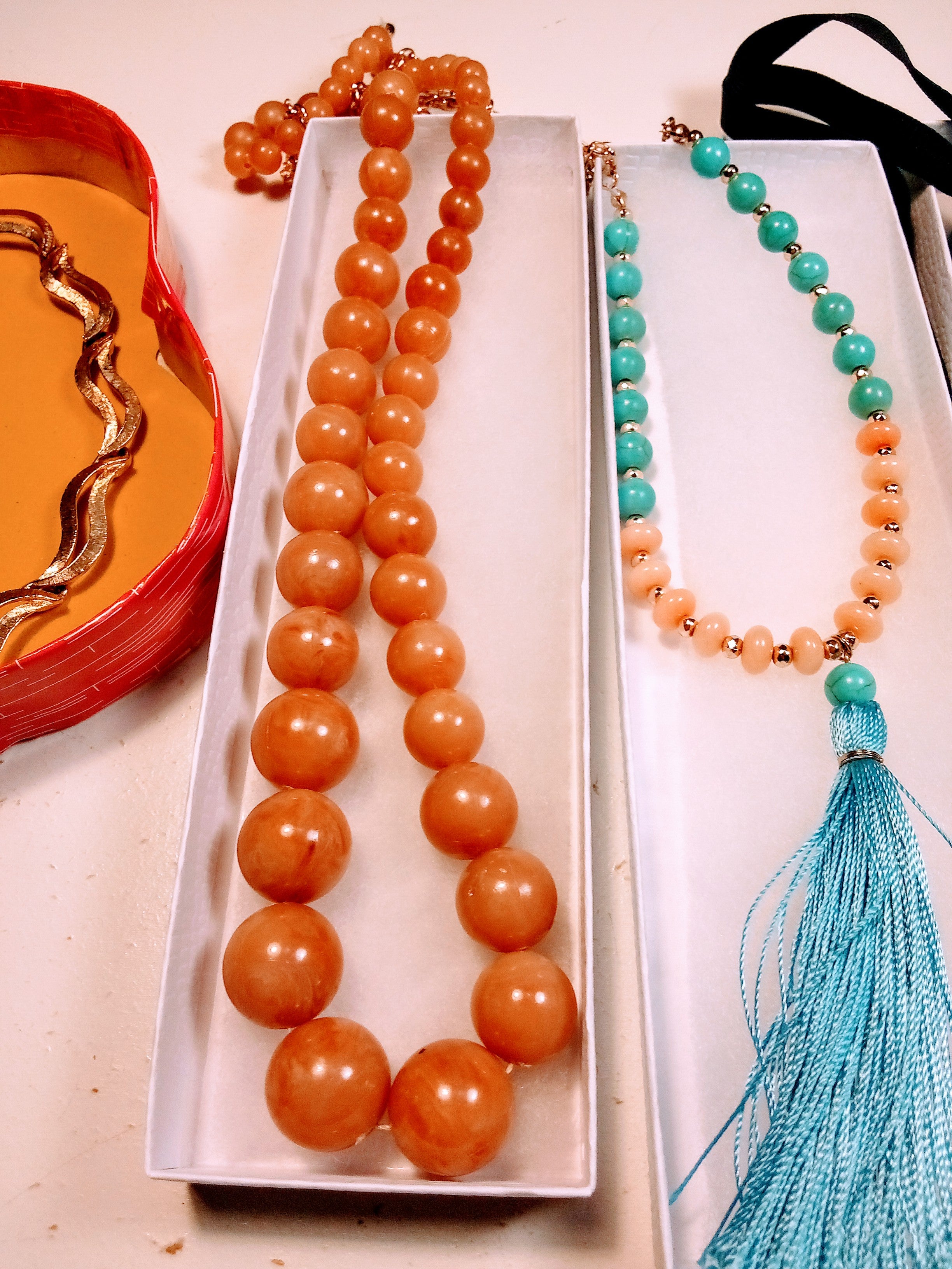 Christmas Gift Set for Her: 3 Vintage Necklaces - Butterscotch Amber Choker, Elegant Black Choker, AND Blue Pink Beaded with Tassel