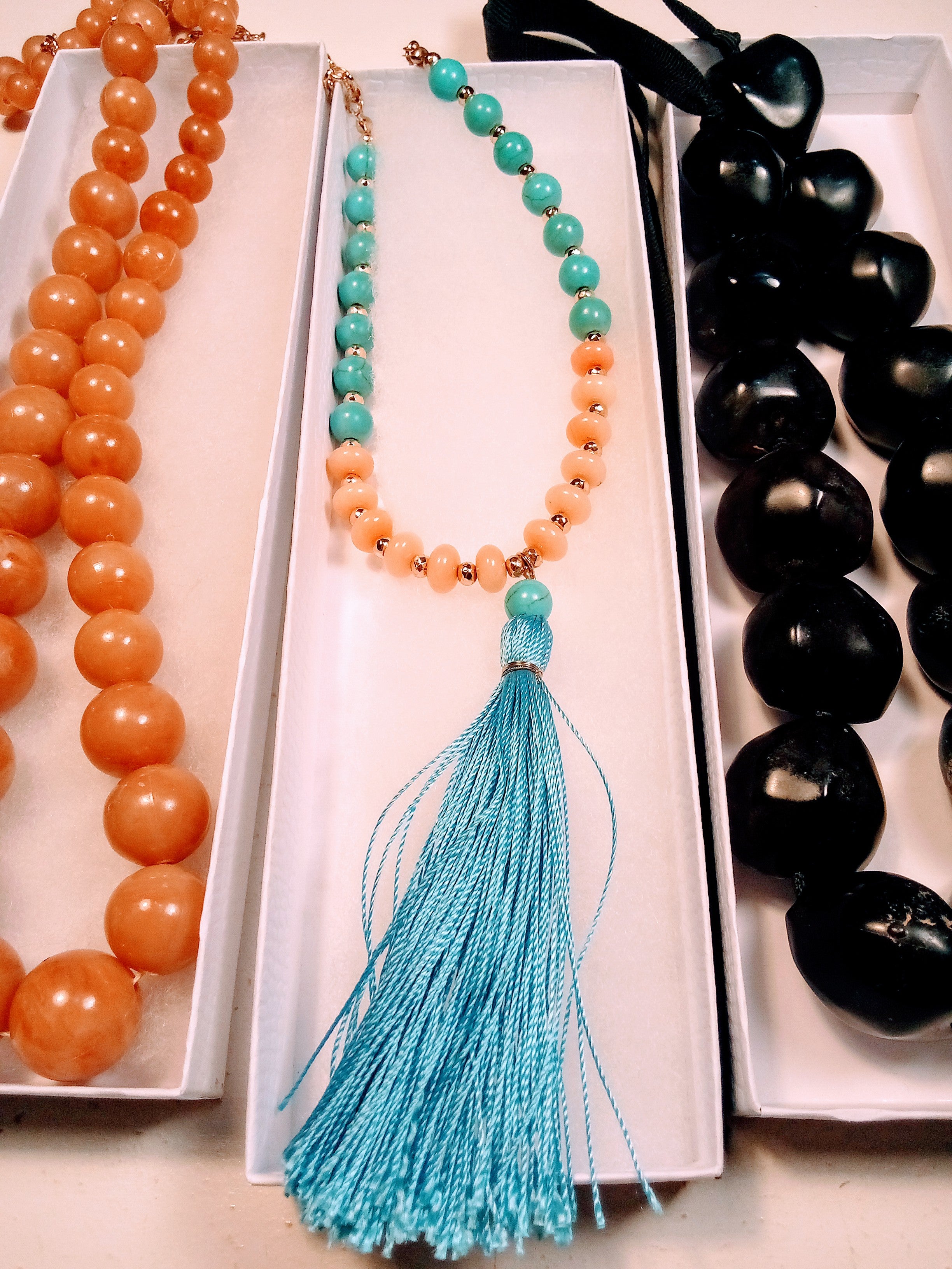 Christmas Gift Set for Her: 3 Vintage Necklaces - Butterscotch Amber Choker, Elegant Black Choker, AND Blue Pink Beaded with Tassel