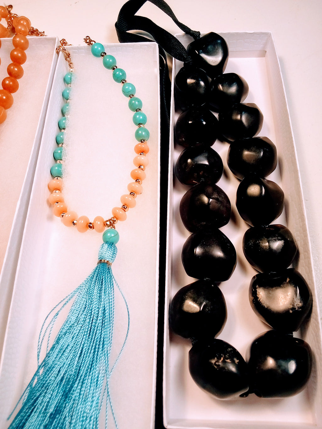 Christmas Gift Set for Her: 3 Vintage Necklaces - Butterscotch Amber Choker, Elegant Black Choker, AND Blue Pink Beaded with Tassel