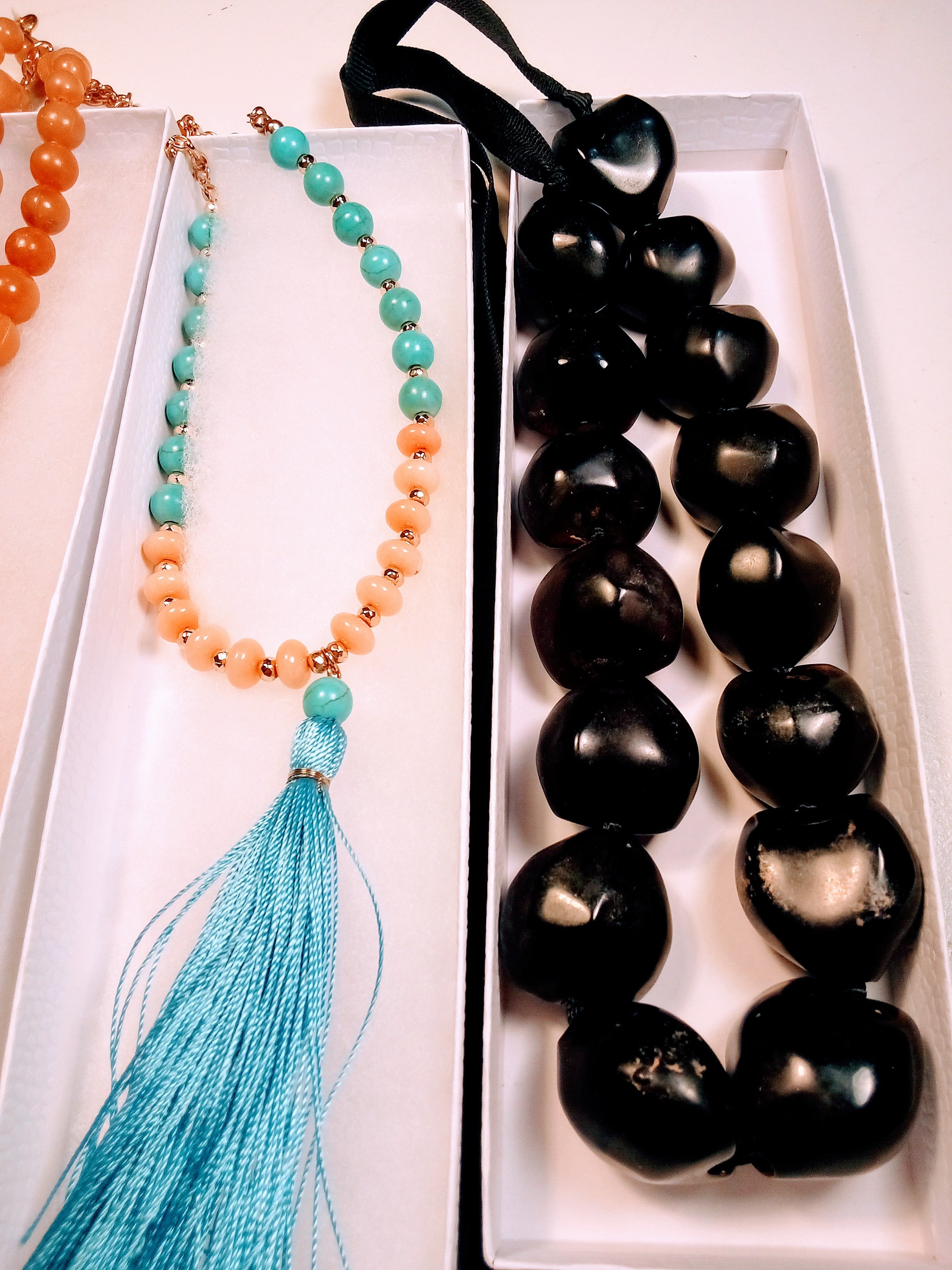 Christmas Gift Set for Her: 3 Vintage Necklaces - Butterscotch Amber Choker, Elegant Black Choker, AND Blue Pink Beaded with Tassel