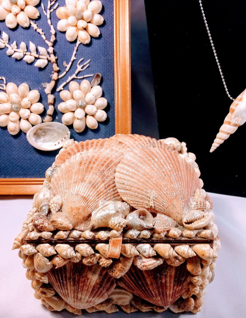 Christmas Gift Sets - Glam Seashell Gift Set of 3: Vintage Seashell Framed Floral Wall Art + Shell  Necklace AND Shell Jewelry Box