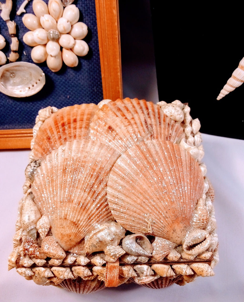 Christmas Gift Sets - Glam Seashell Gift Set of 3: Vintage Seashell Framed Floral Wall Art + Shell  Necklace AND Shell Jewelry Box