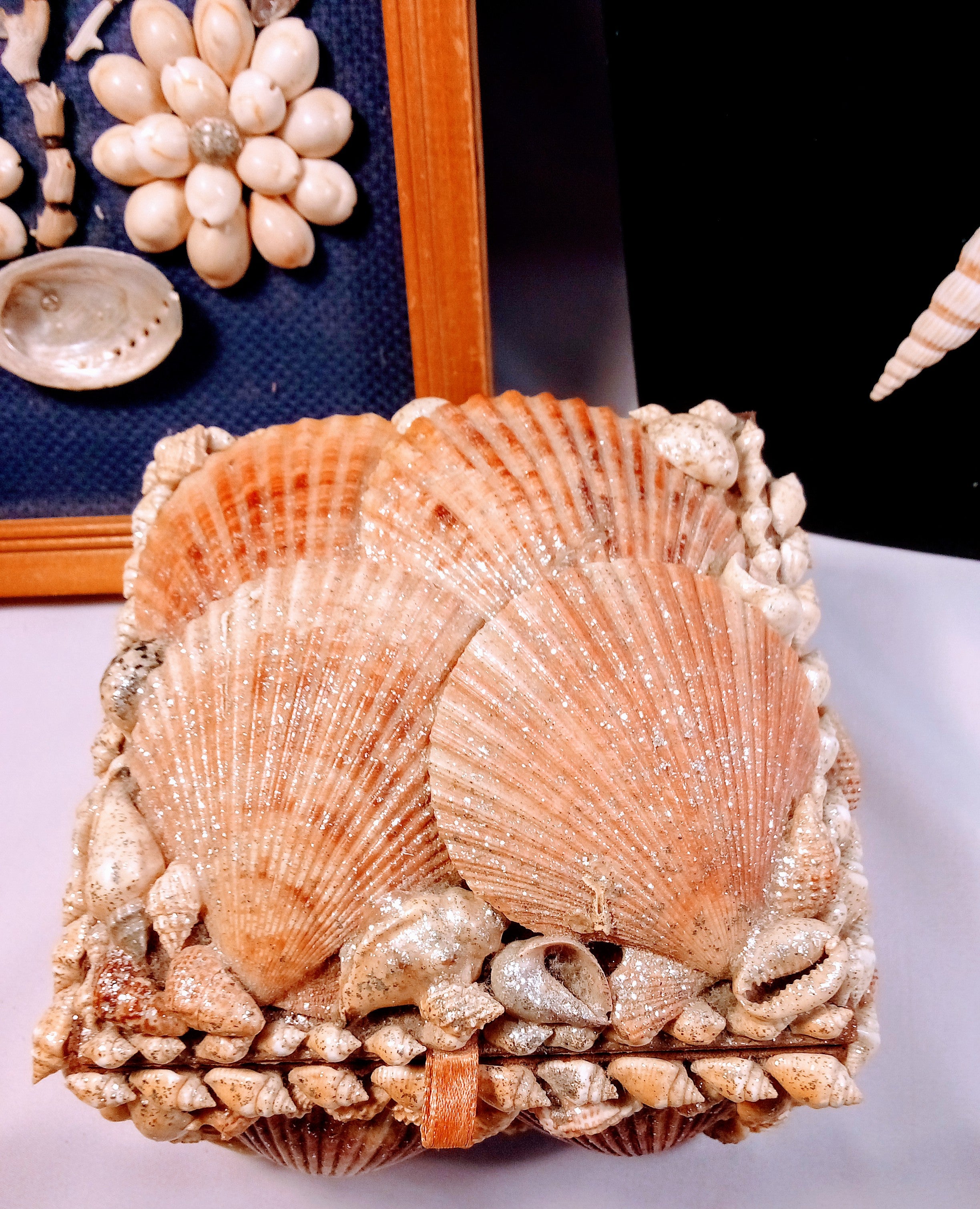 Christmas Gift Sets - Glam Seashell Gift Set of 3: Vintage Seashell Framed Floral Wall Art + Shell  Necklace AND Shell Jewelry Box