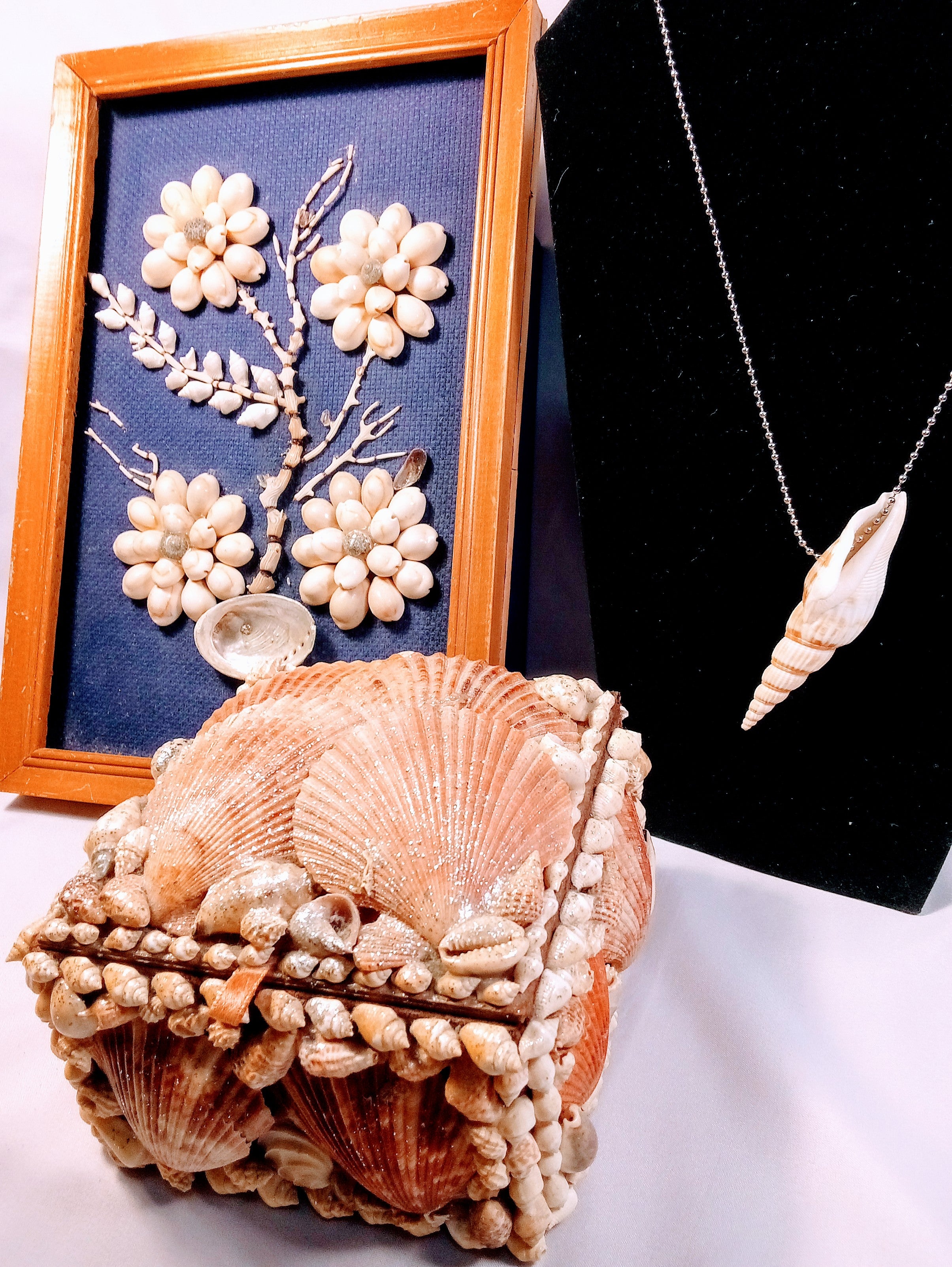Christmas Gift Sets - Glam Seashell Gift Set of 3: Vintage Seashell Framed Floral Wall Art + Shell  Necklace AND Shell Jewelry Box
