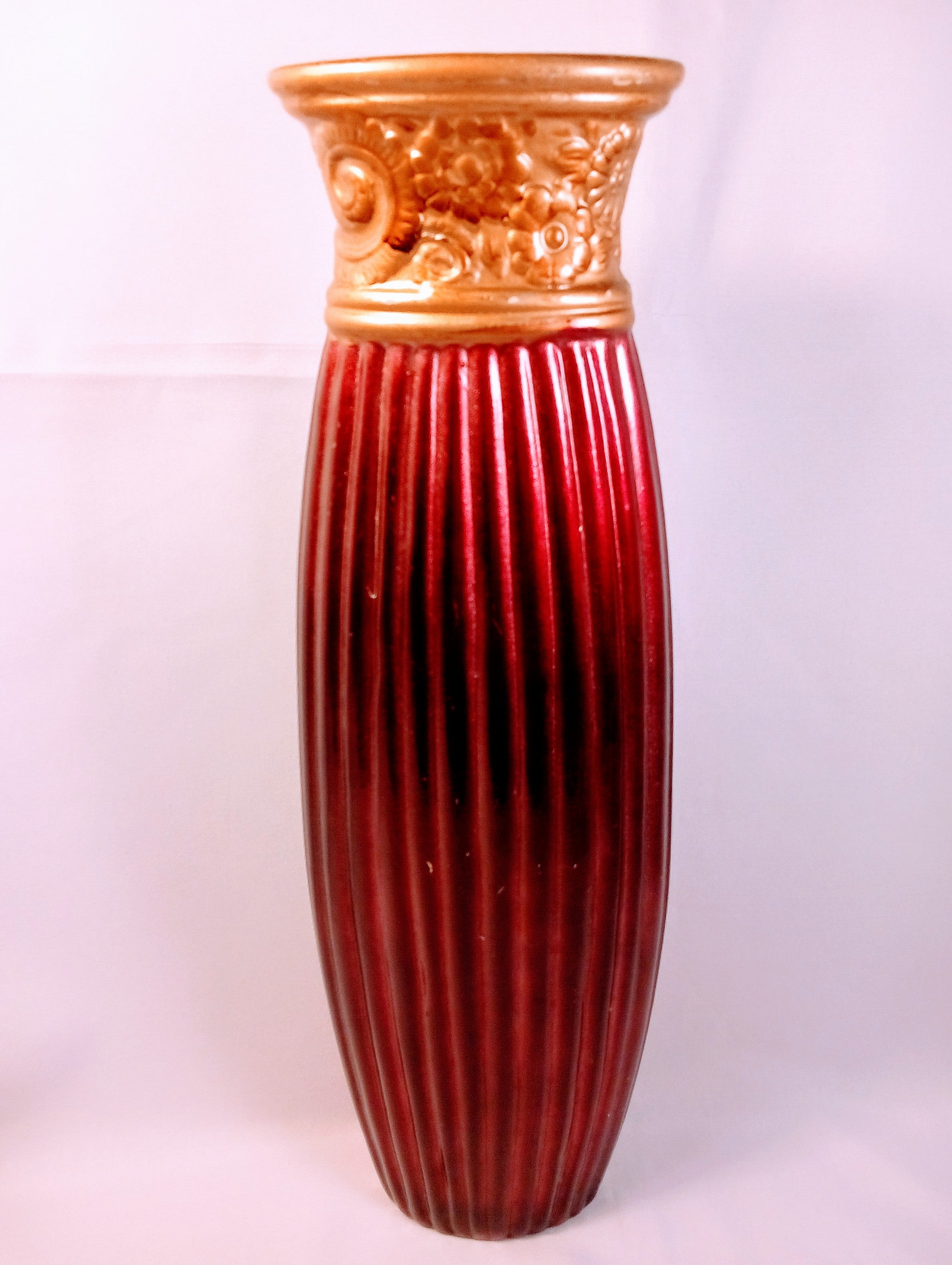 Vintage Tall Ribbed Vase 12" Timeless Style Decorative Classic Craftmanship, Plum Red Great Gift for Her