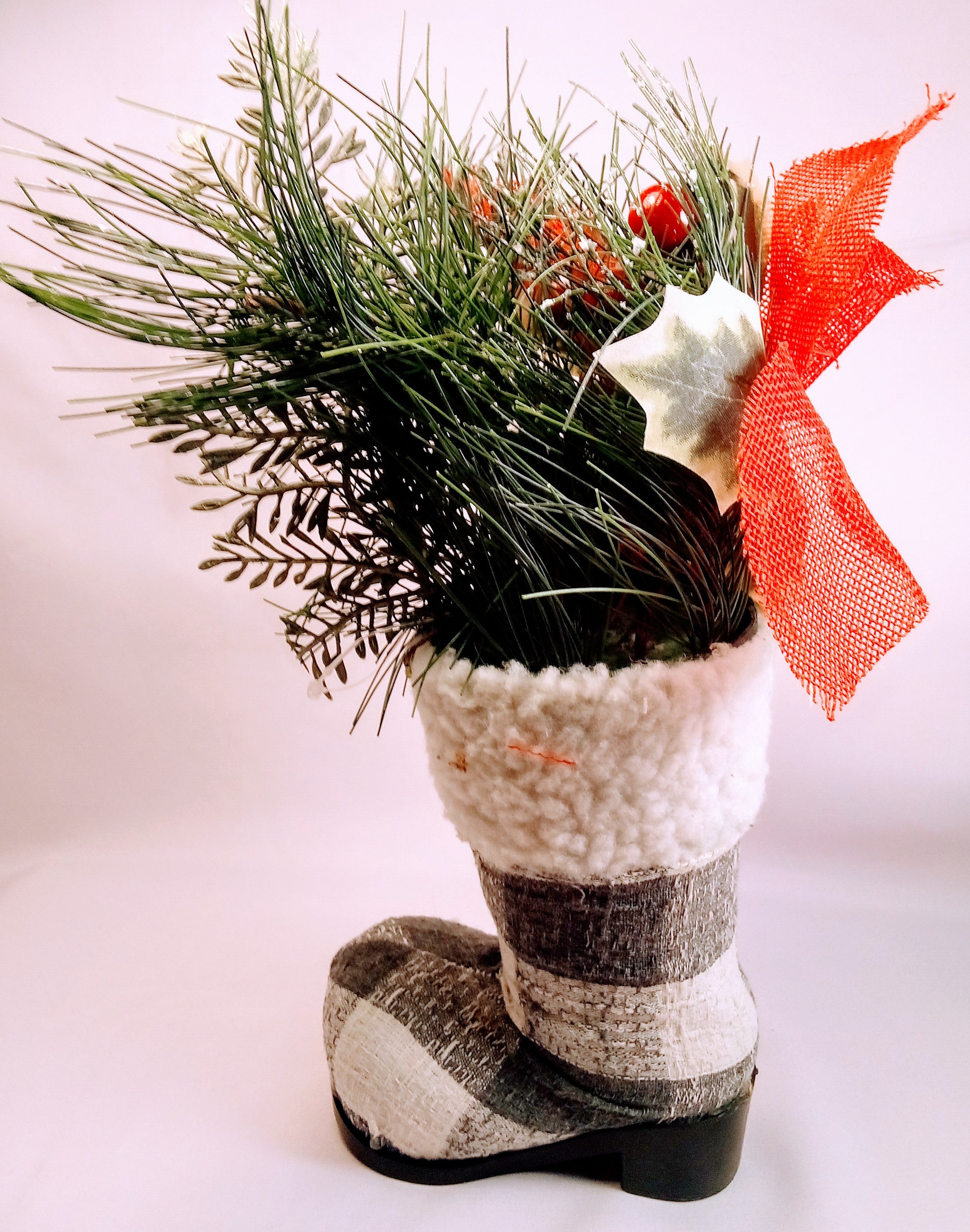 Christmas Boots Planter Checkered, Add a Touch of Magic to Your Home Decor, Rustic Holiday Plant Pot